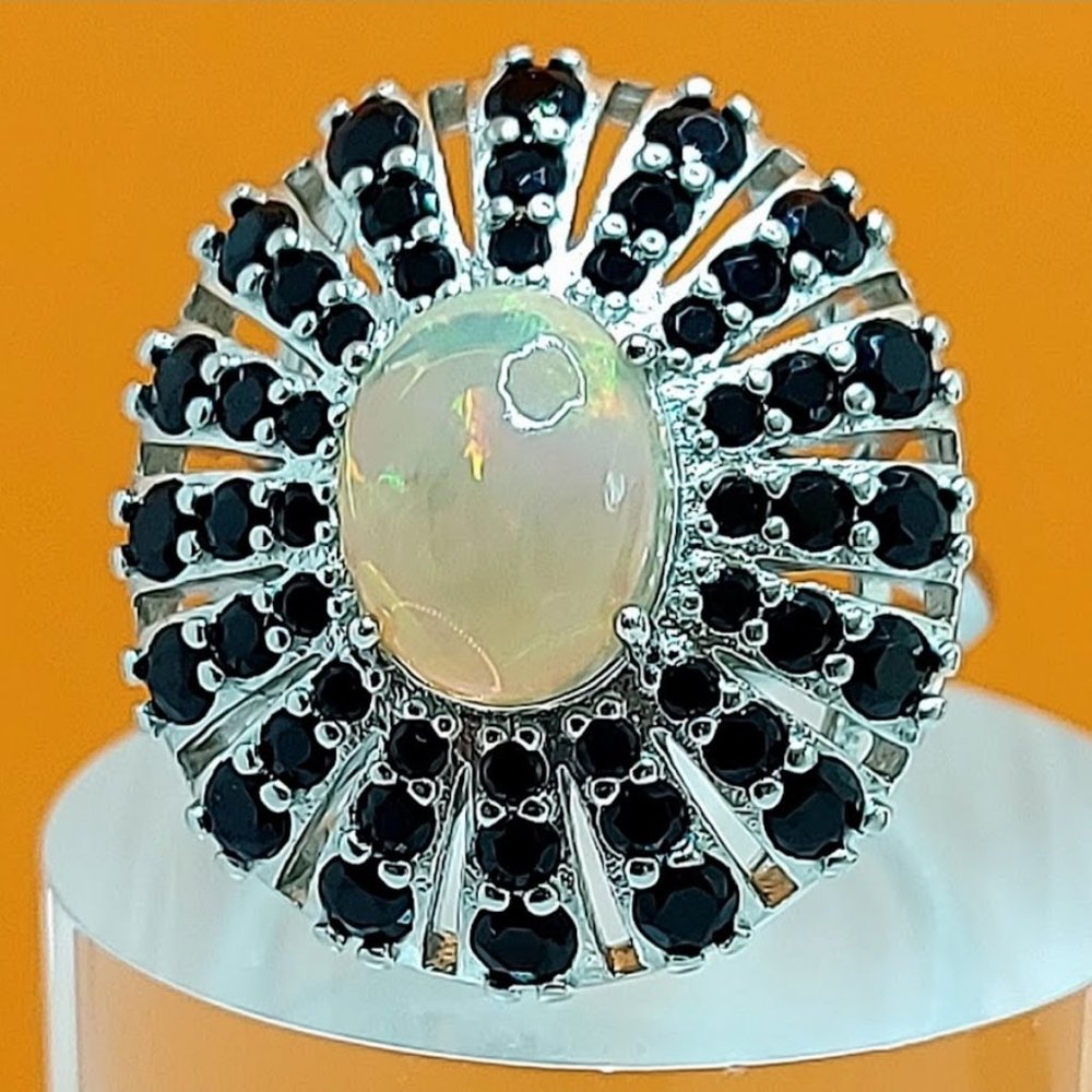 Natural Oval Fire Opal 10x8mm & Black Spinel 925 Sterling Silver Ring 7.25